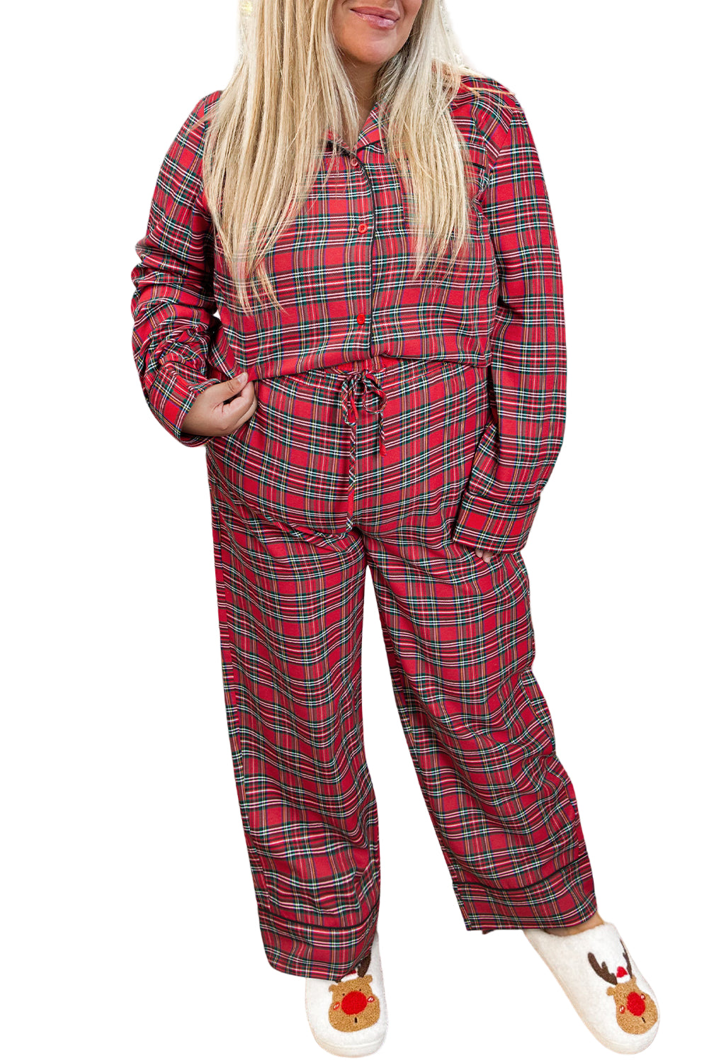 Red Plaid Printed Shirt and Pants Lounge Set