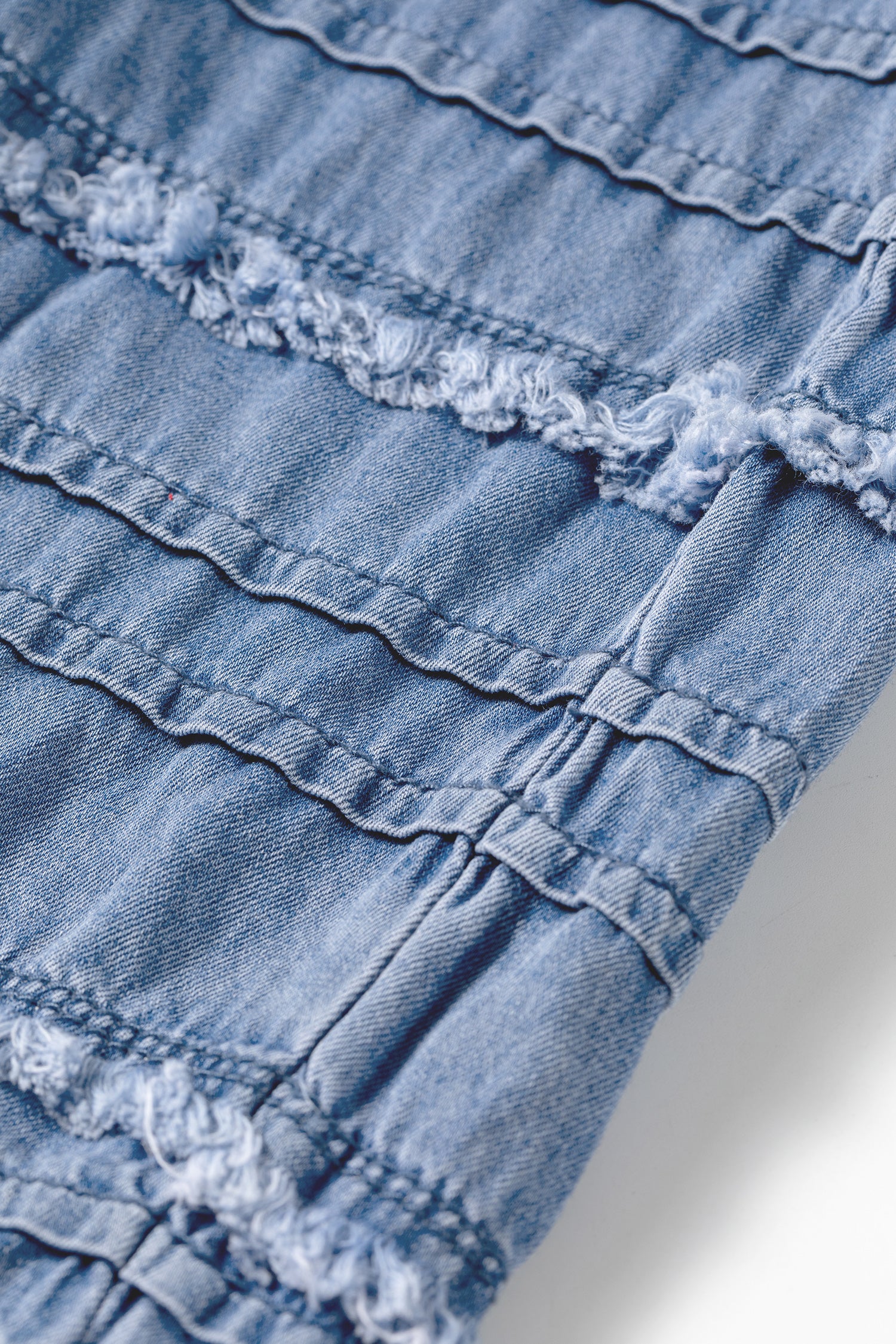 Dusk Blue Tiered Raw Edge Ruffled Wide Leg Denim Pants