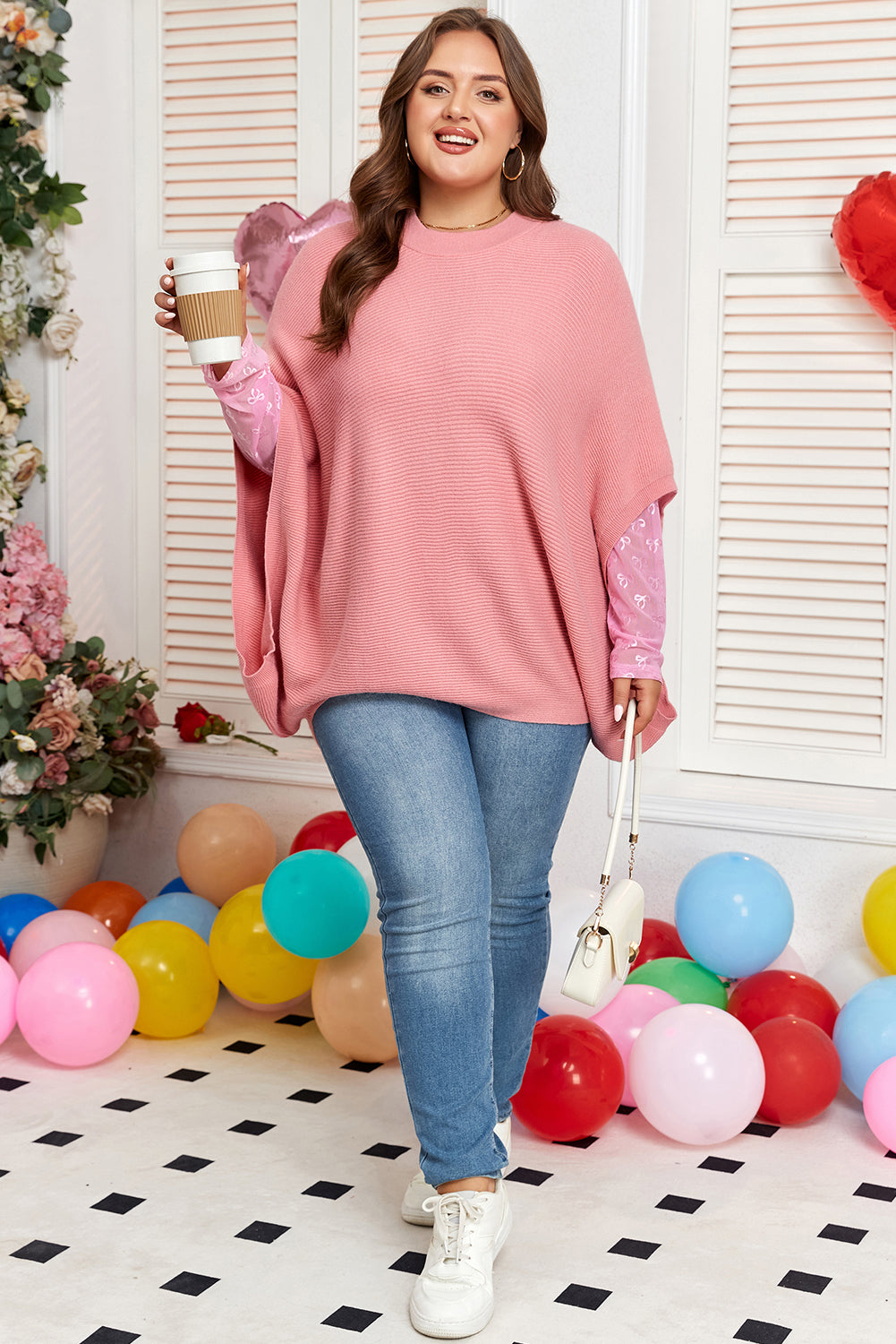 Light Pink Ribbed Knit Half Sleeve Poncho Sweater