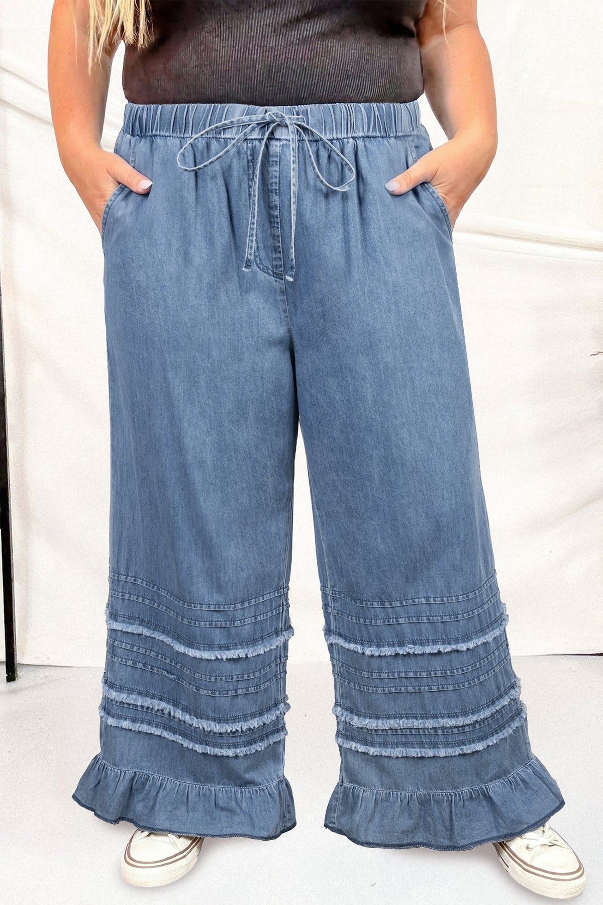 Dusk Blue Tiered Raw Edge Ruffled Wide Leg Denim Pants