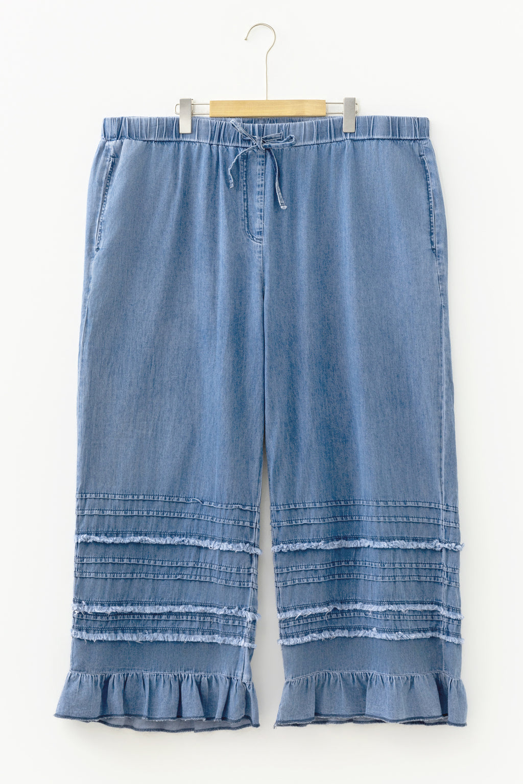 Dusk Blue Tiered Raw Edge Ruffled Wide Leg Denim Pants