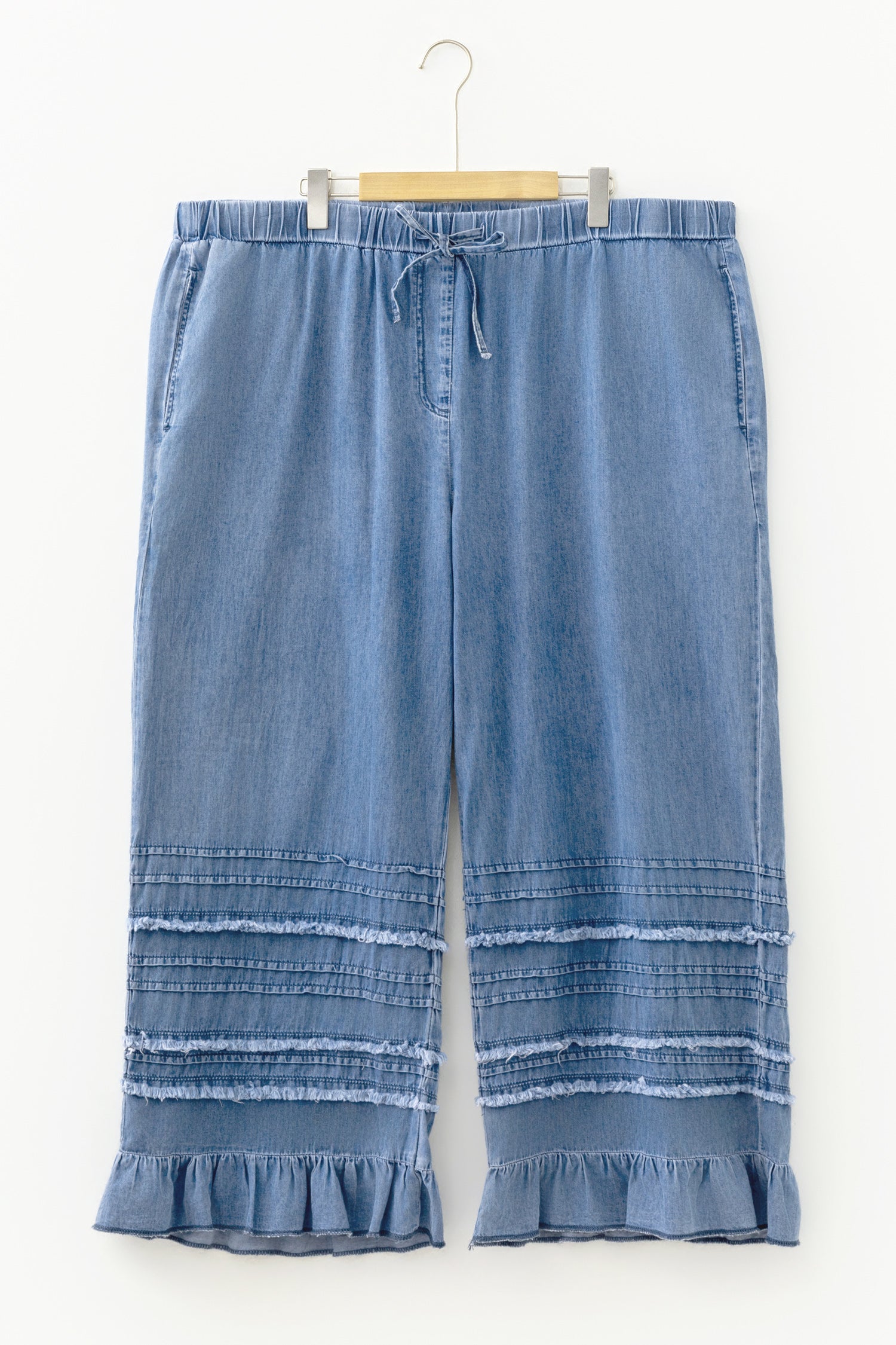 Dusk Blue Tiered Raw Edge Ruffled Wide Leg Denim Pants