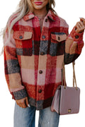 Orange Plaid Print Flap Pockets Buttoned Casual Plus Size Jacket
