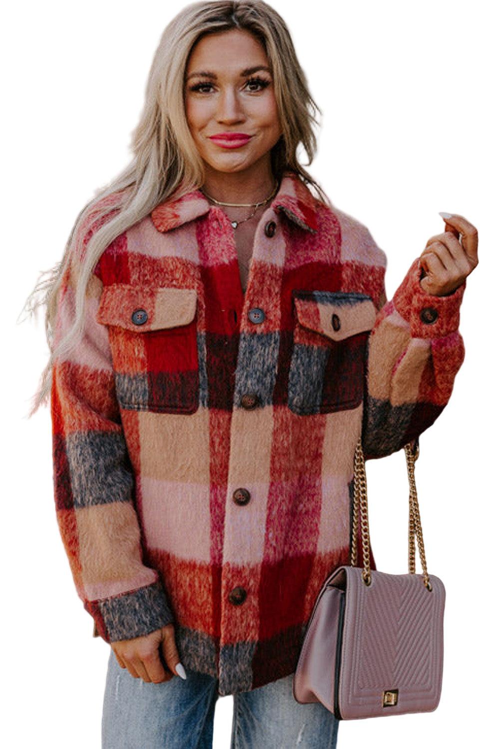 Orange Plaid Print Flap Pockets Buttoned Casual Plus Size Jacket