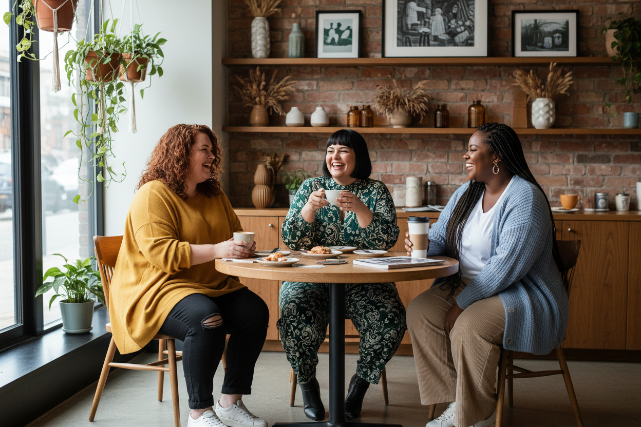 Three plus-size women in cafe